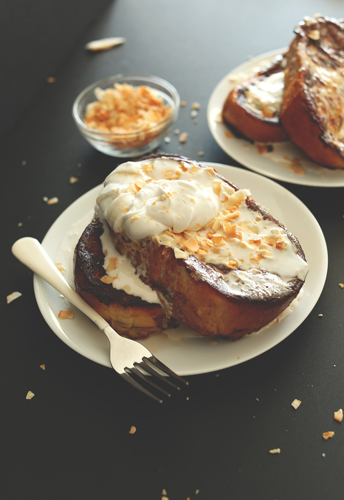 Plates with slices of Coconut Cream Pie French Toast