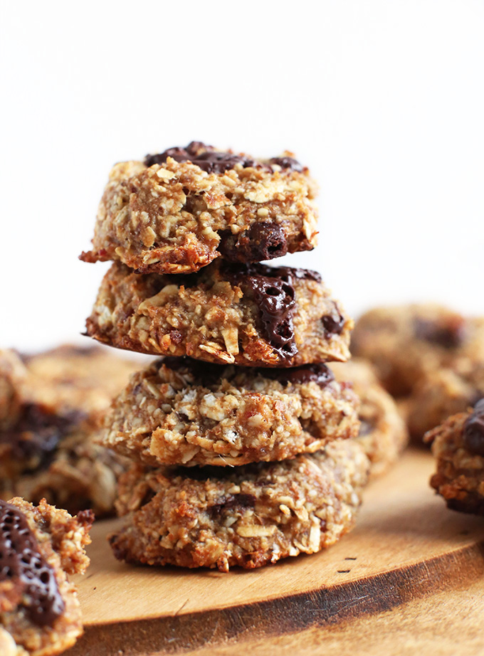 Stack of Vegan Oatmeal Cookies made with oats, peanut butter, and chocolate