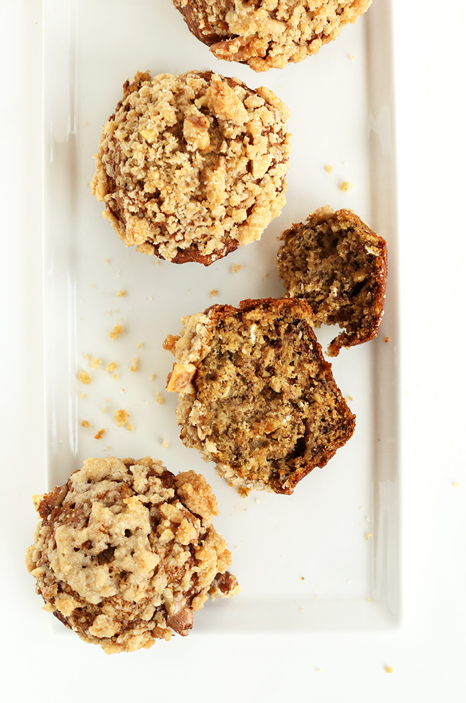 Plate of Healthy Banana Muffins with Crumble Top