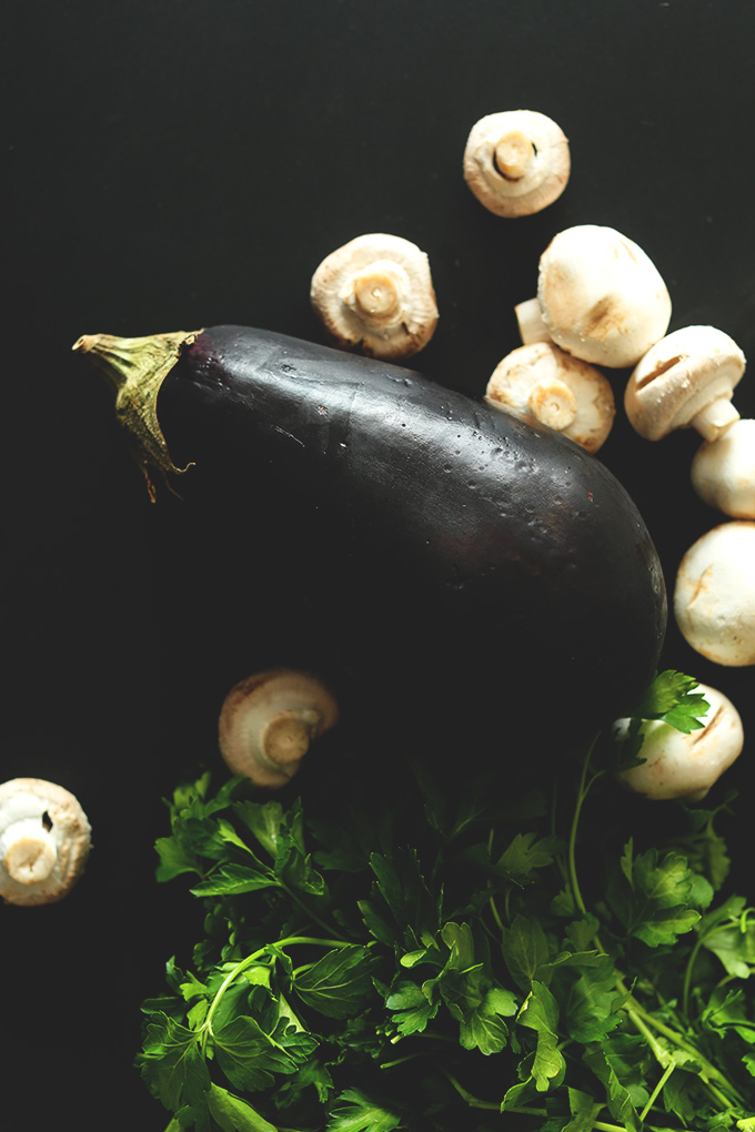 Eggplant, mushrooms, and parsley for making 1-Pot Vegan Pasta