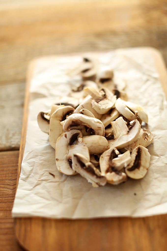 Sliced mushrooms for adding to Vegan Tom Kha Gai Soup