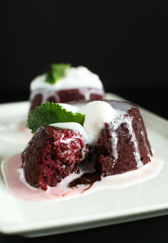 Showing the dark red tint of our Vegan Chocolate Lava Cakes made with beet