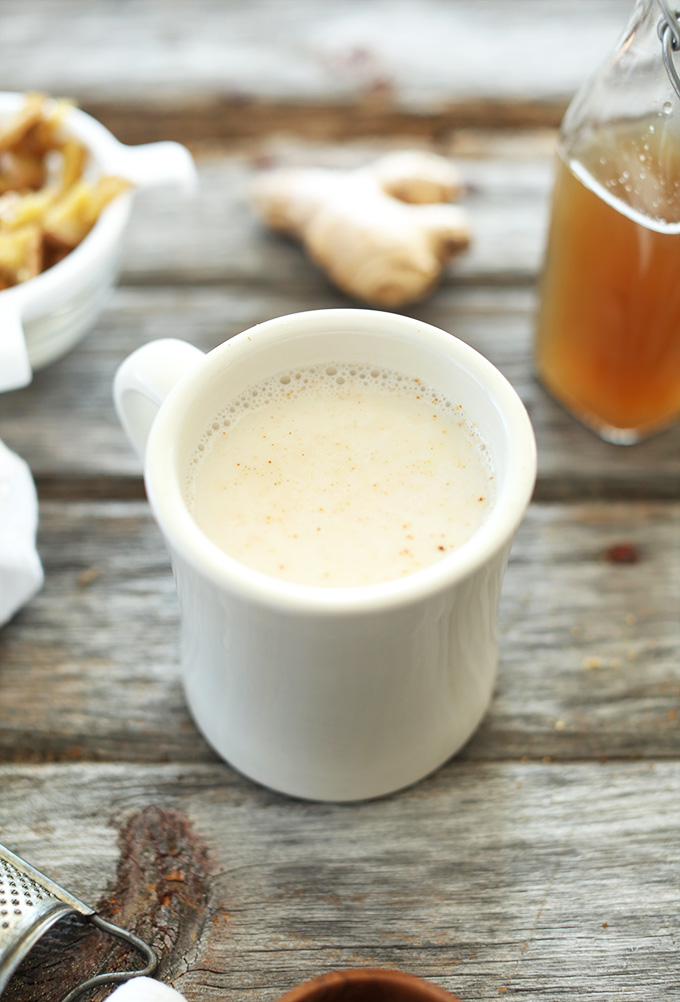 Close up shot of a mug filled with our delicious Ginger Tea Latte recipe
