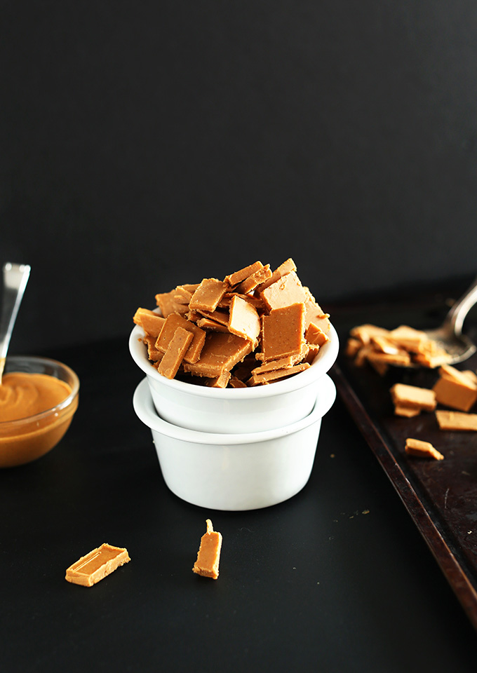 Bowl of homemade vegan Peanut Butter Chips for adding to cookies and other treats