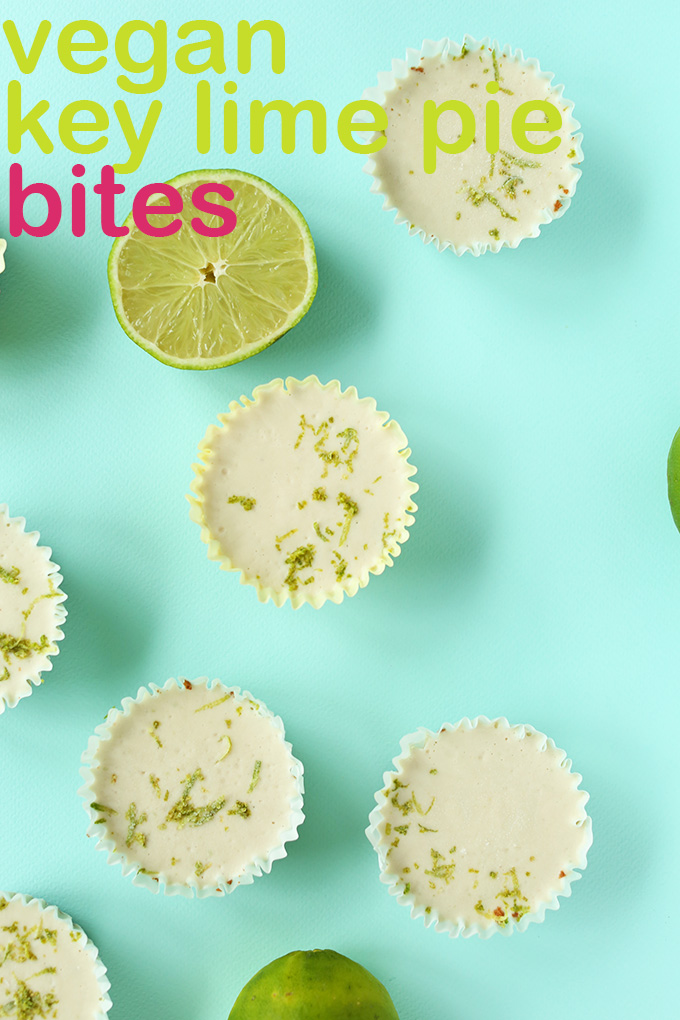 Mini Vegan Key Lime Pies on a baby blue background