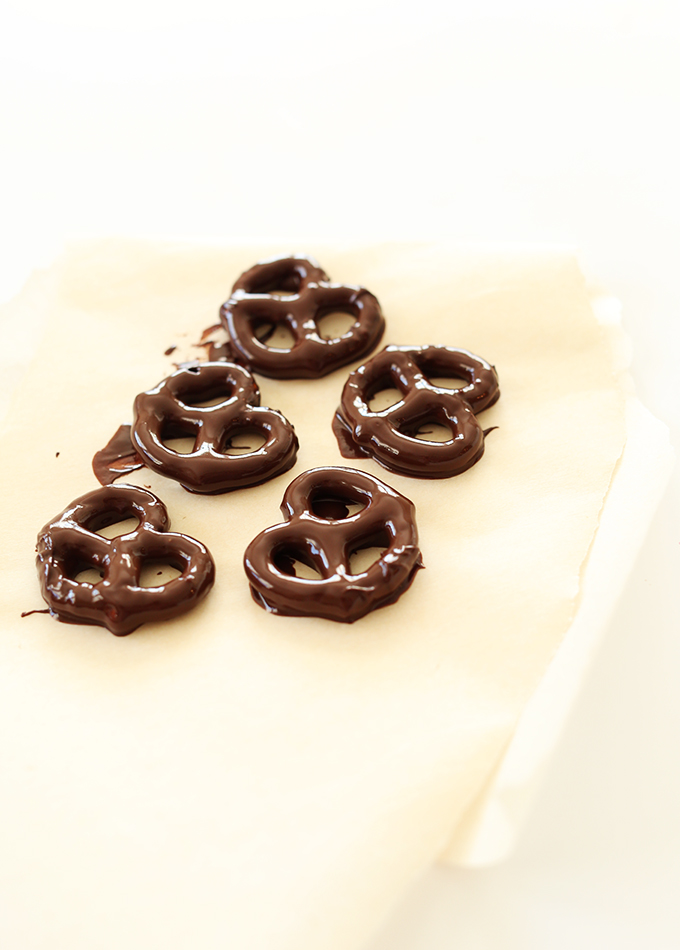 Chocolate Covered Pretzels on parchment paper