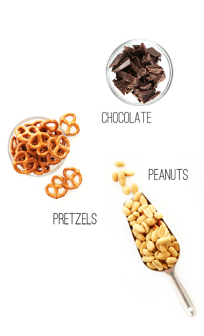 Chocolate, pretzels, and peanuts for making a delicious snack