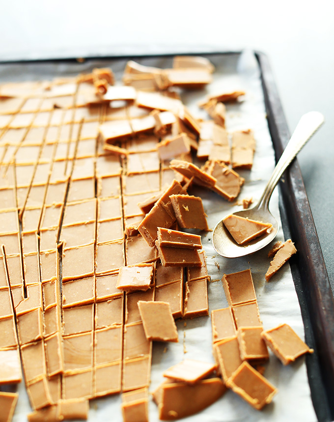 Baking sheet with freshly sliced pieces of Peanut Butter Chips
