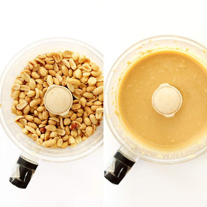 Showing before and after photos of making peanut butter in a food processor