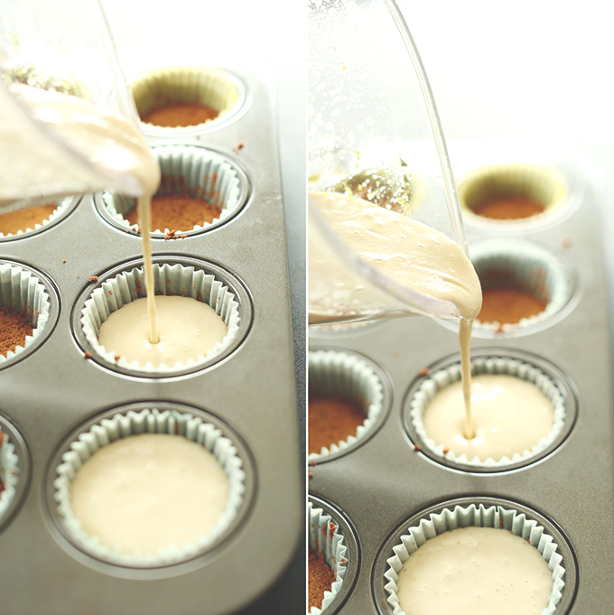 Pouring Key Lime Pie filling into muffin tins for mini vegan pies