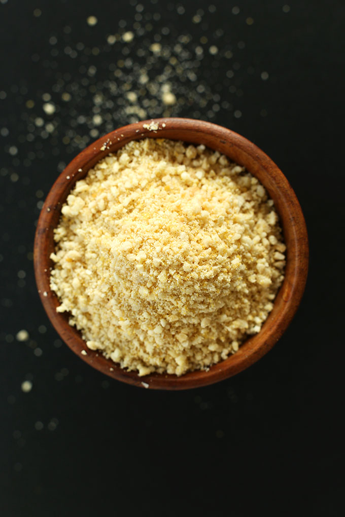 Close up shot of finely crumbled Vegan Parmesan Cheese