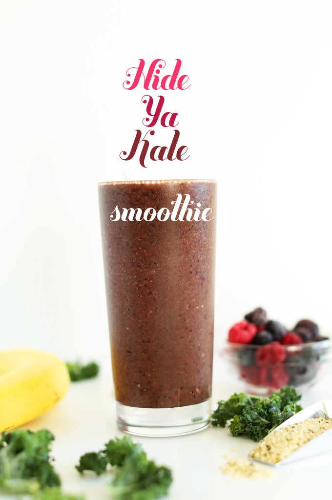 Side view of a tall glass filled with our Hide Your Kale Smoothie recipe