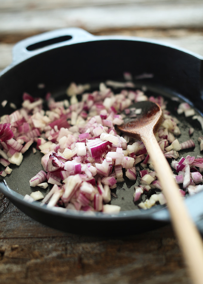 Sautéing onions for our vegan black bean dip recipe 