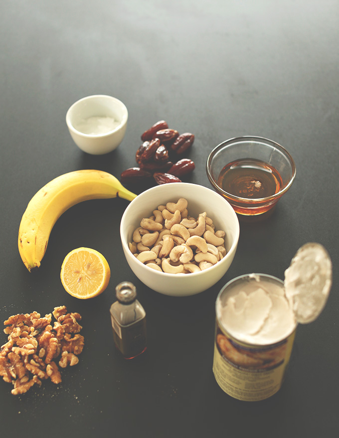 Dates, cashews, walnuts, and other ingredients for making Vegan Banana Cream Pie