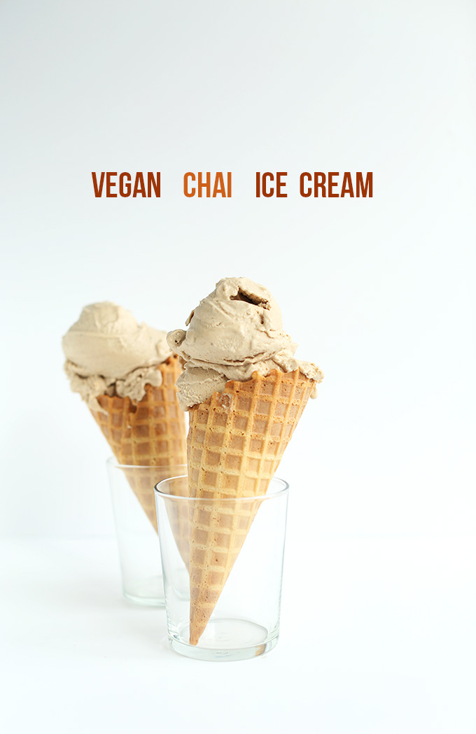 Waffle cones filled with scoops of our Vegan Chai Ice Cream recipe