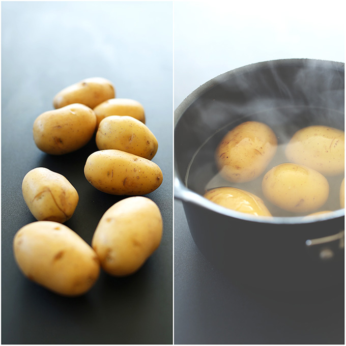 Gold potatoes on a dark surface and in a saucepan