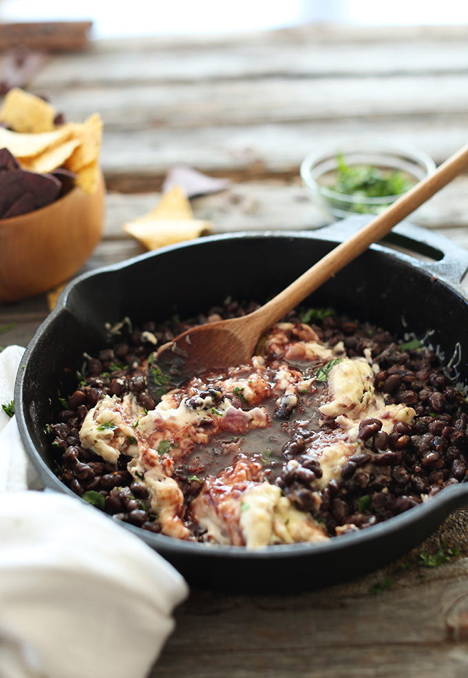 Skillet filled with our healthy Raspberry Chipotle Black Bean Dip recipe
