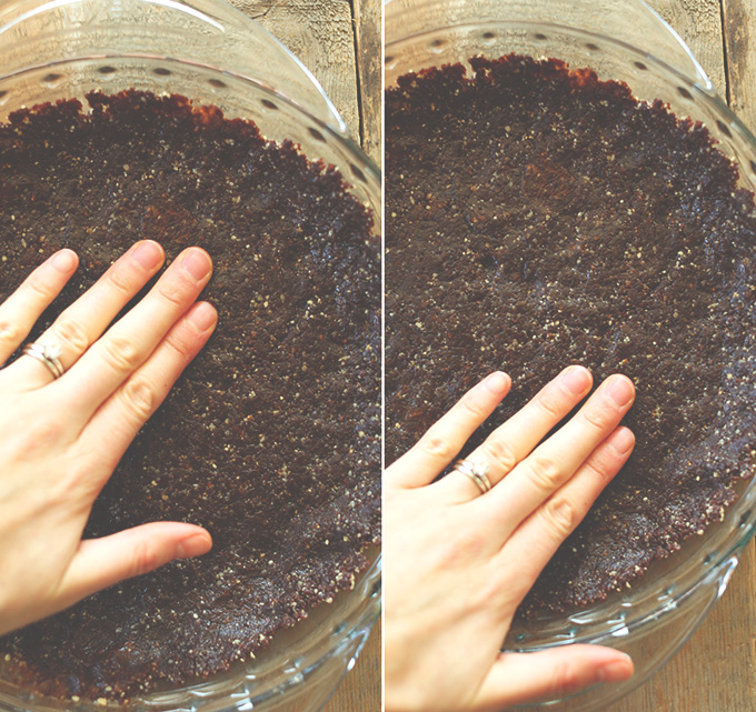 Pressing gluten-free vegan Brownie Crust into a pie pan
