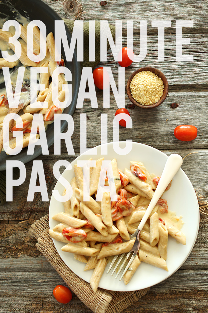 Pan and plate of 30-Minute Creamy Vegan Garlic Pasta