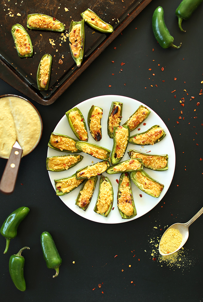 Plate filled with a batch of our 30-Minute Vegan Jalapeno Poppers recipe
