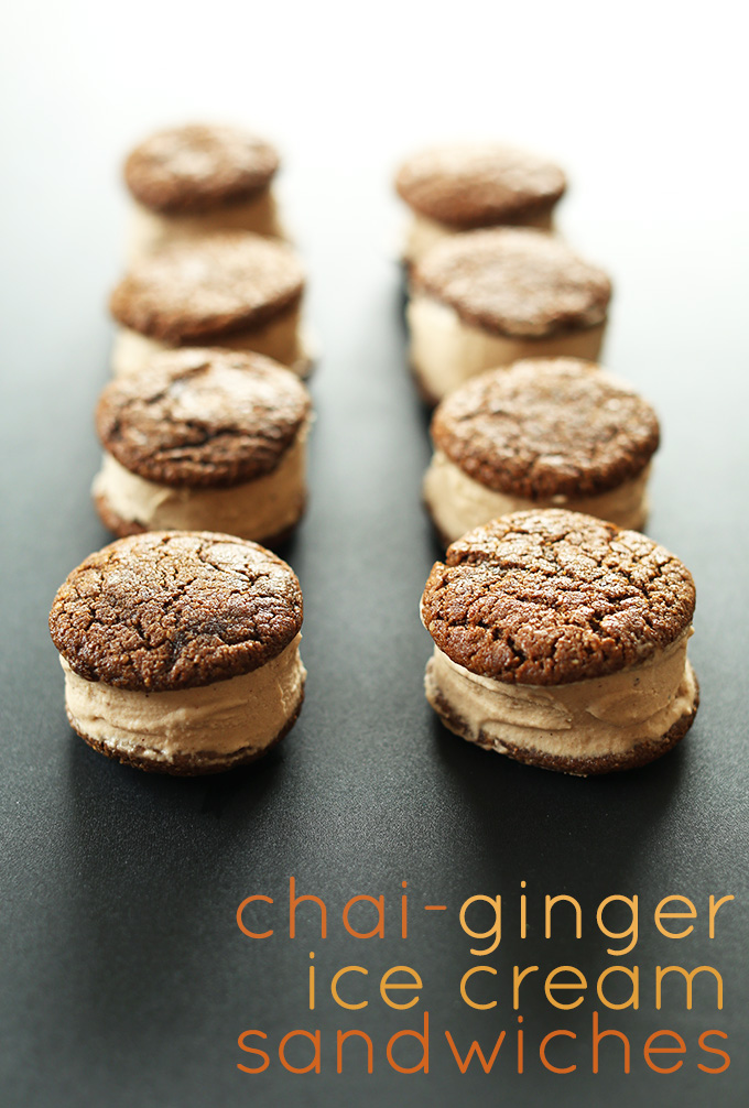 Two lines of Chai Ginger Ice Cream Sandwiches for a delicious Vegan GF summer treat