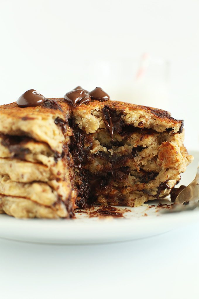 Stack of Chocolate Chip Oatmeal Cookie Pancakes for a delicious 1 bowl gluten-free vegan breakfast