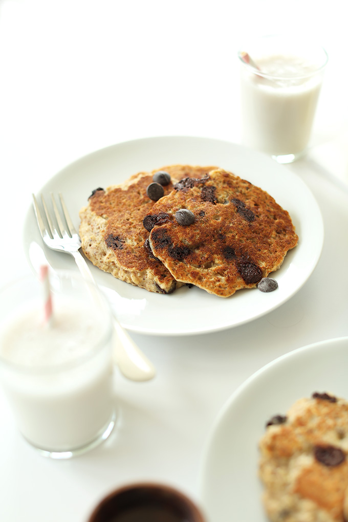 Plate of Chocolate Chip Oatmeal Cookie Pancakes for a delicious gluten-free vegan breakfast