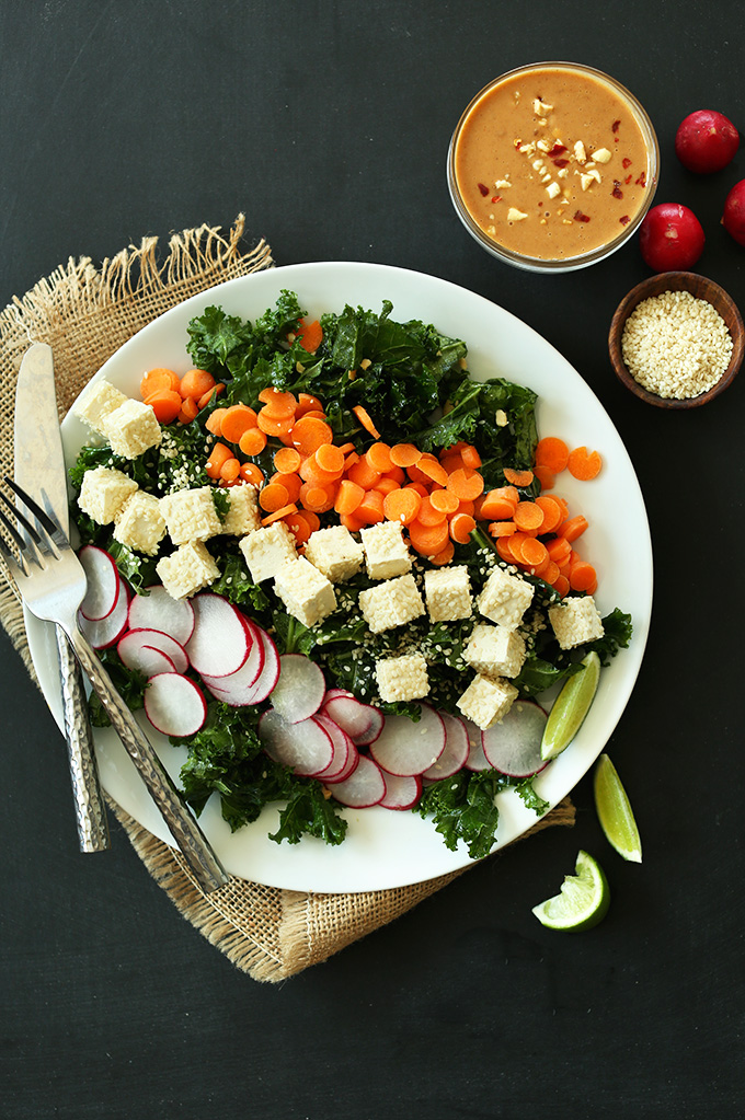 Big plate of Crunchy Thai Kale Salad for a gluten-free vegan dinner