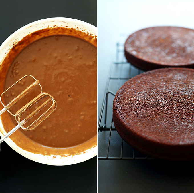 Bowl of Vegan Chocolate Cake batter and two cake layers resting on a cooling rack
