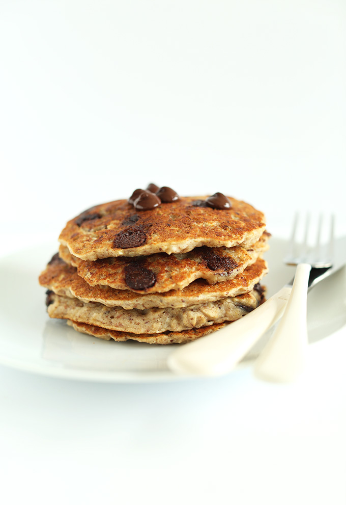 Stack of delicious gluten-free vegan Chocolate Chip Oatmeal Cookie Pancakes