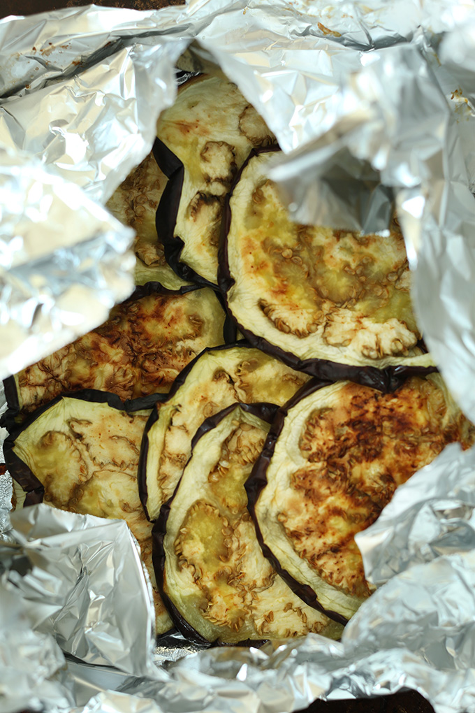 Roasted eggplant slices wrapped in foil