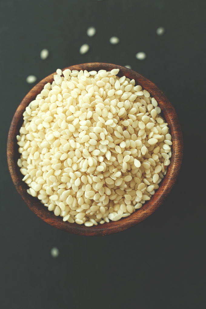 Bowl of sesame seeds for Thai Kale Salad