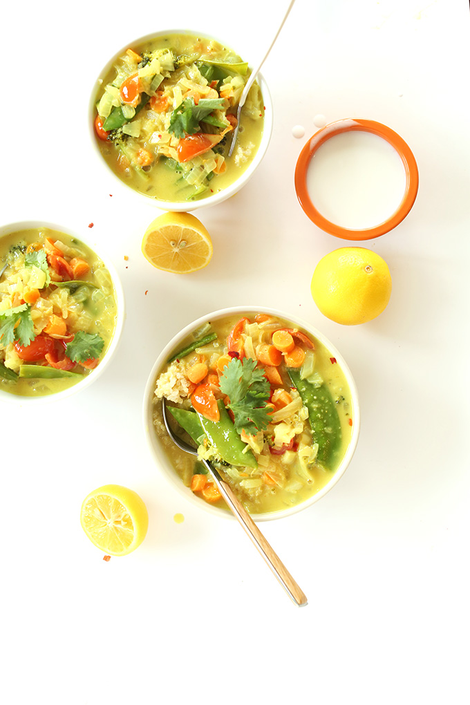 Bowls of Simple Coconut Curry with Veggies and Coconut Quinoa