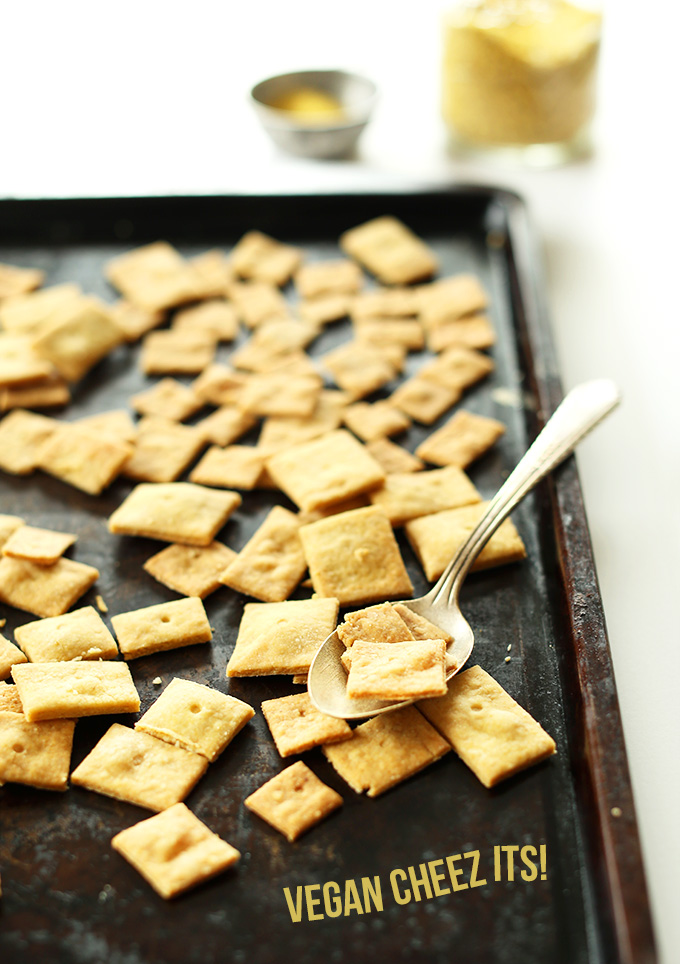 Baking sheet filled with freshly baked Vegan Cheez-Its