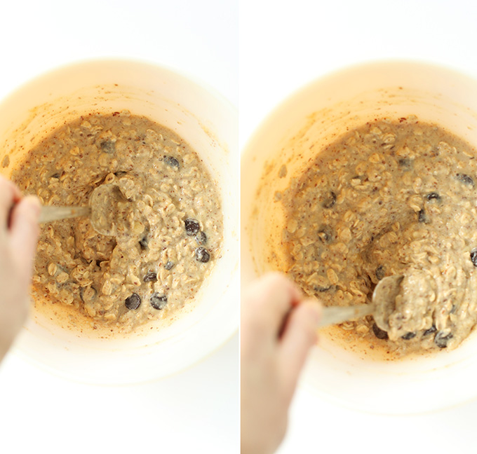 Using a spoon to stir batter for Vegan Gluten-Free Chocolate Chip Oatmeal Cookie Pancakes