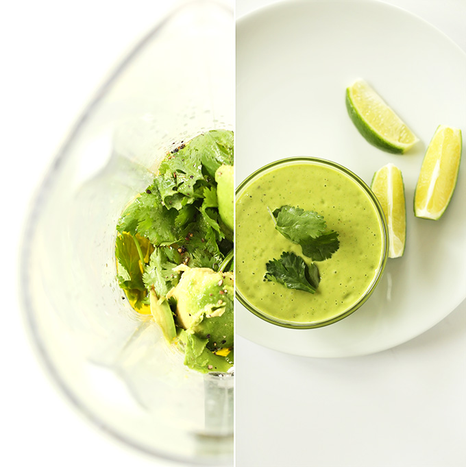 Blender and bowl of Cilantro Lime Avocado Dressing