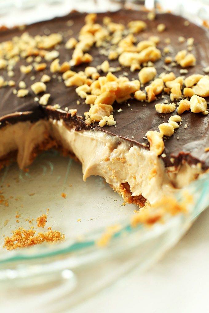 Close up shot of the fluffy Vegan Peanut Butter Cup Pie filling with a chocolate ganache top