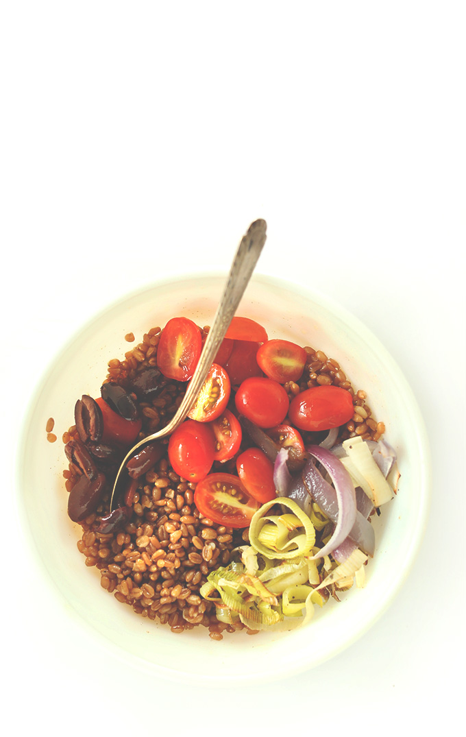 Bowl of Mediterranean Wheat Berry Salad for a satisfying vegan lunch