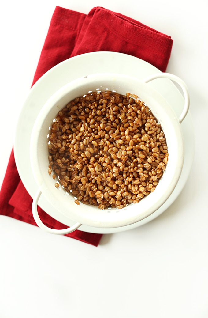 Wheat berries in a colander for making Mediterranean Wheat Berry Salad