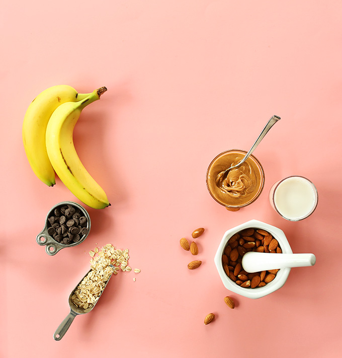 Oats, bananas, peanut butter and other ingredients for making PB Chocolate Banana Bread