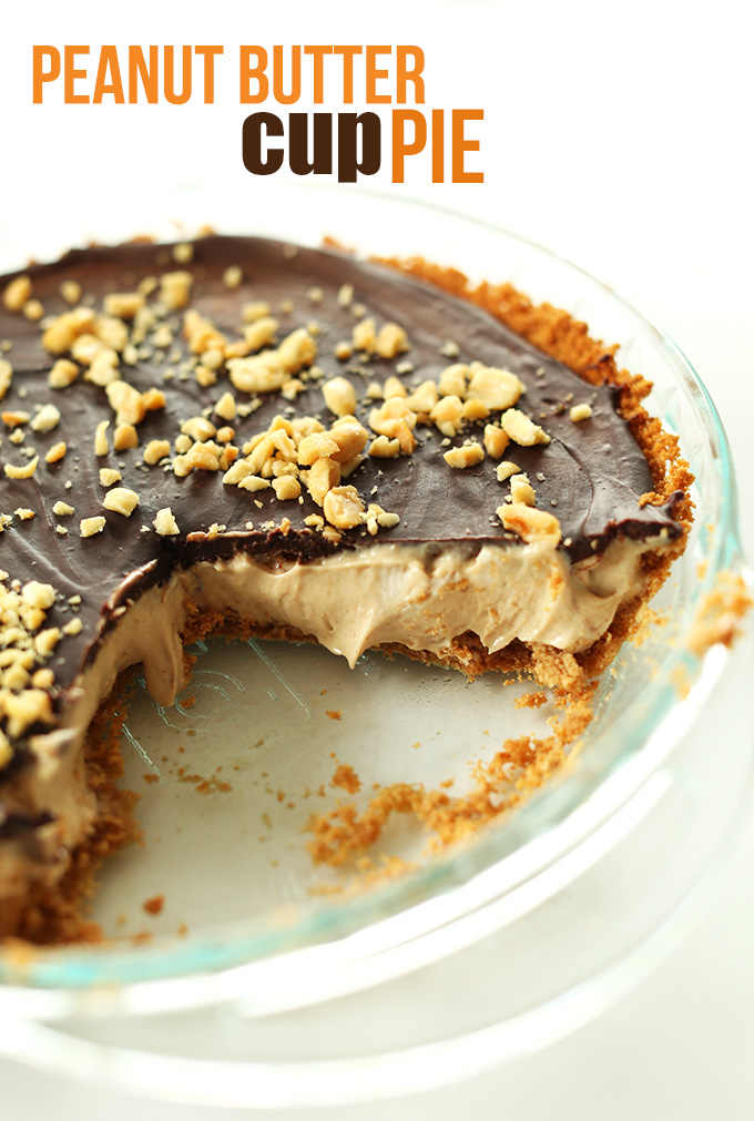 Pie pan with delicious Vegan Peanut Butter Cup pie