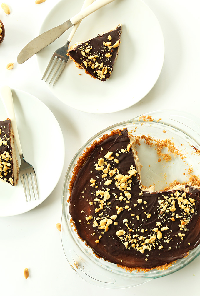 Plates and pie dish with Vegan Peanut Butter Cup Pie