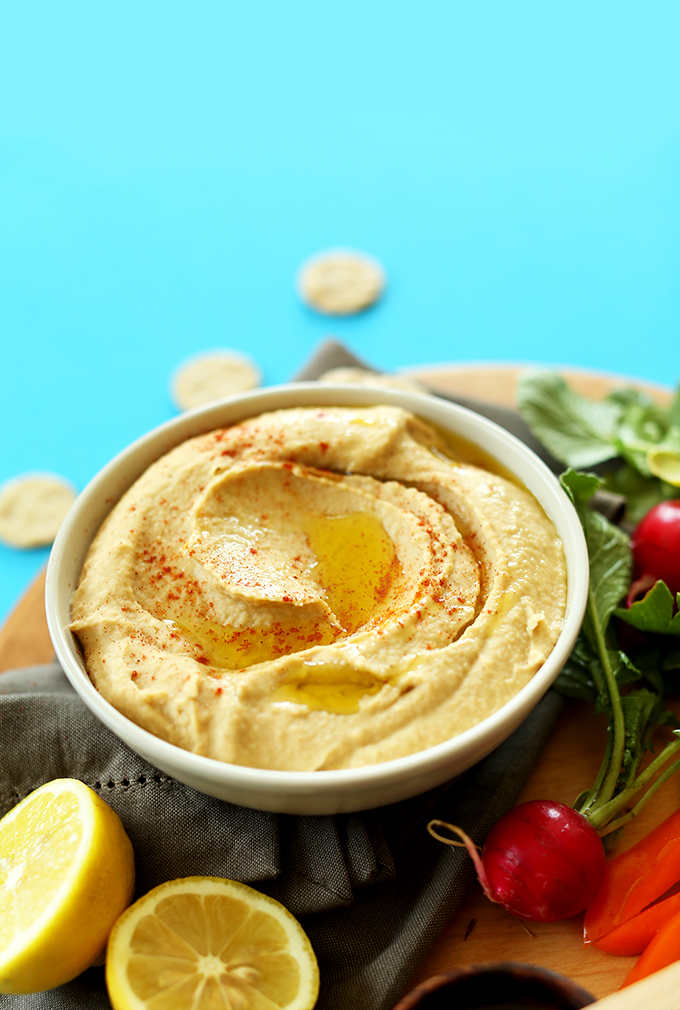 Big bowl of homemade gluten-free vegan Microwave Hummus