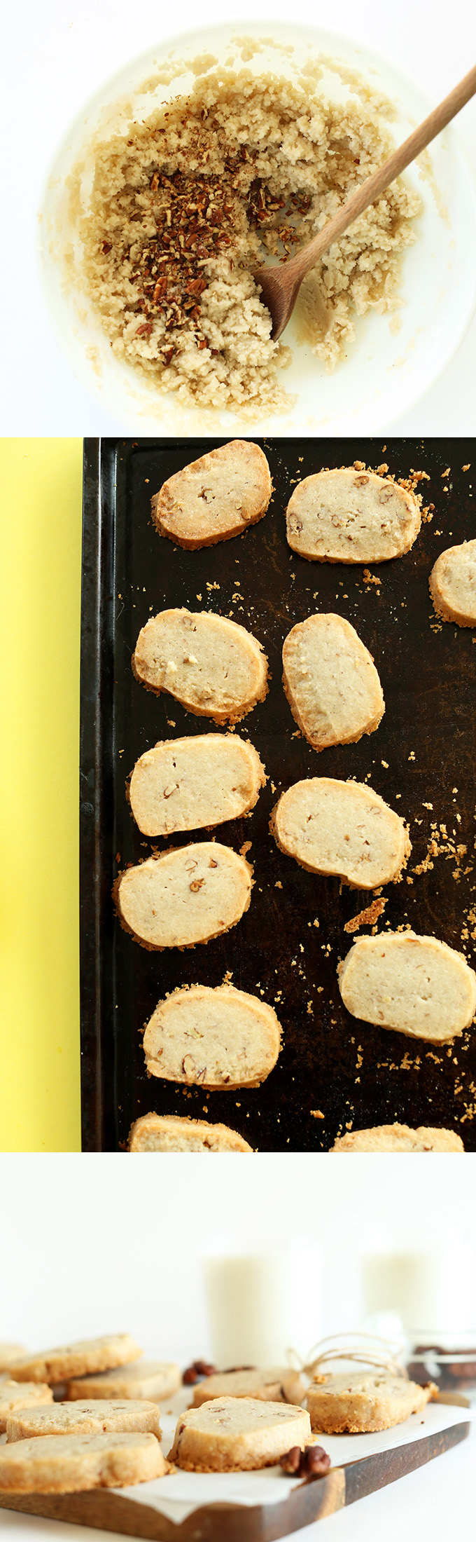 Mixing bowl of shortbread ingredients and baking sheet and cutting board of freshly baked shortbread cookies