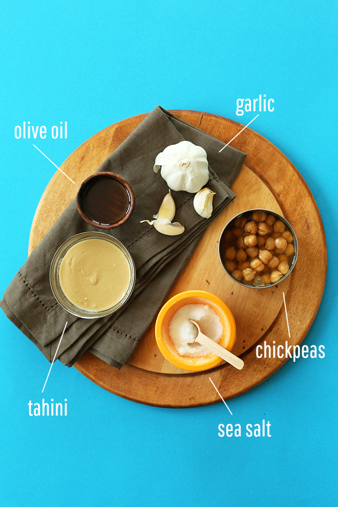 Olive oil, tahini, chickpeas, and garlic for making the Best Ever Hummus