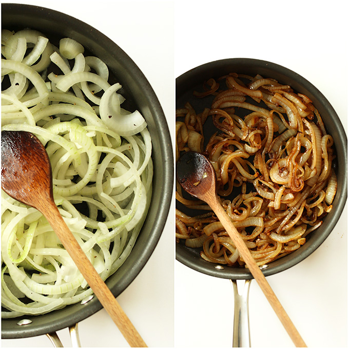 Before and after shot showing how to caramelize onions