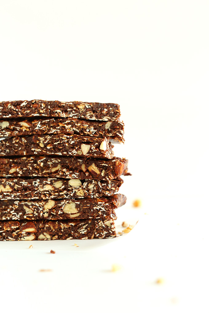 Stack of our healthy Brownie Granola Bars loaded with oats and nuts