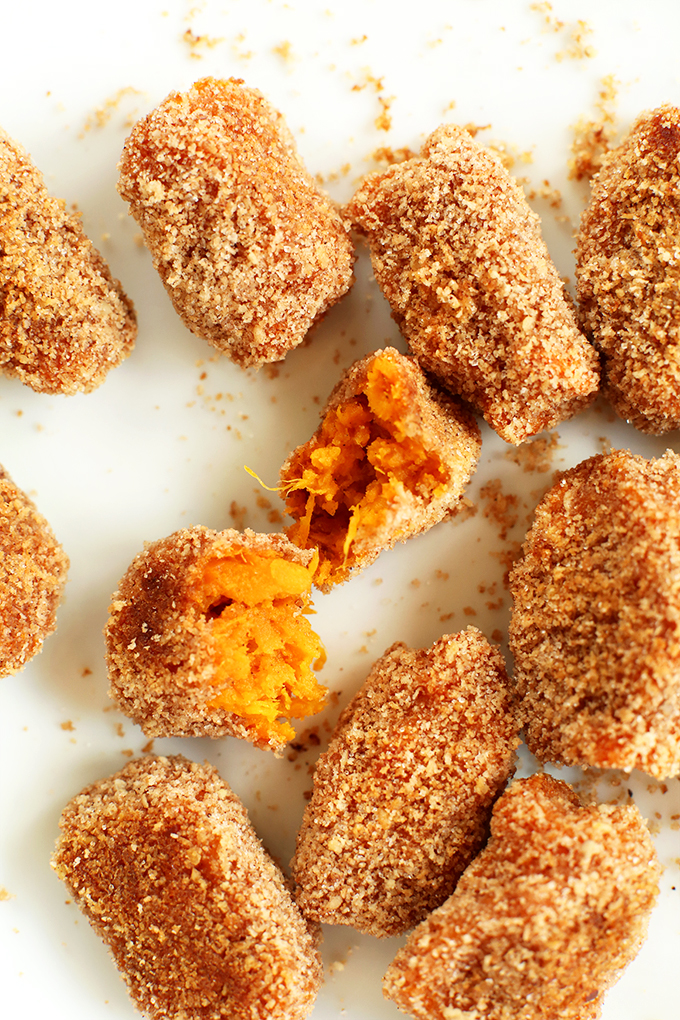 Close up shot of Baked Sweet Potato Tater Tots revealing the crispy outsides and tender insides