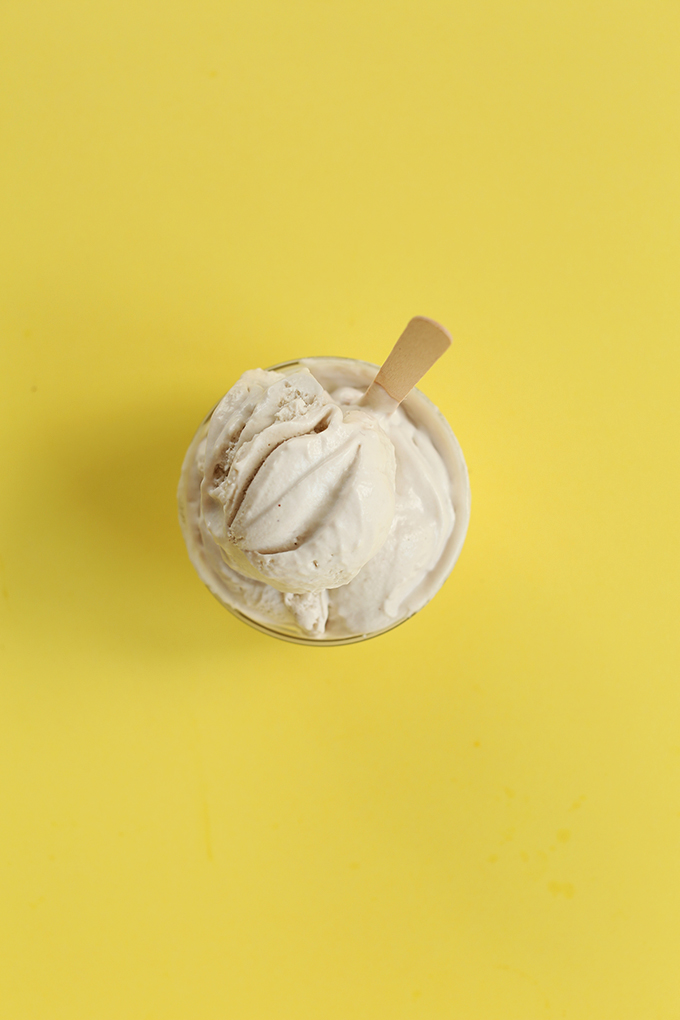 Bowl of Salted Bourbon Caramel Ice Cream on a yellow background