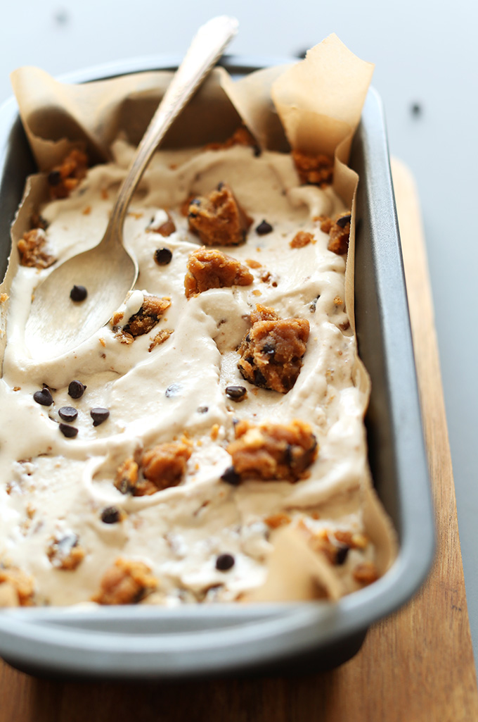Baking pan filled with Vegan Peanut Butter Chocolate Chip Cookie Dough Ice Cream